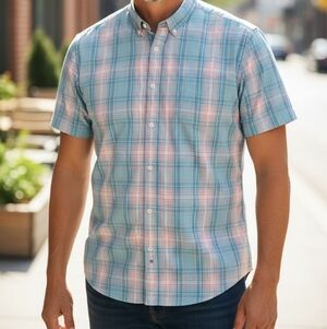 John Bartlett Consensus Men's Blue and Pink Plaid Shirt Short Sleeve XL